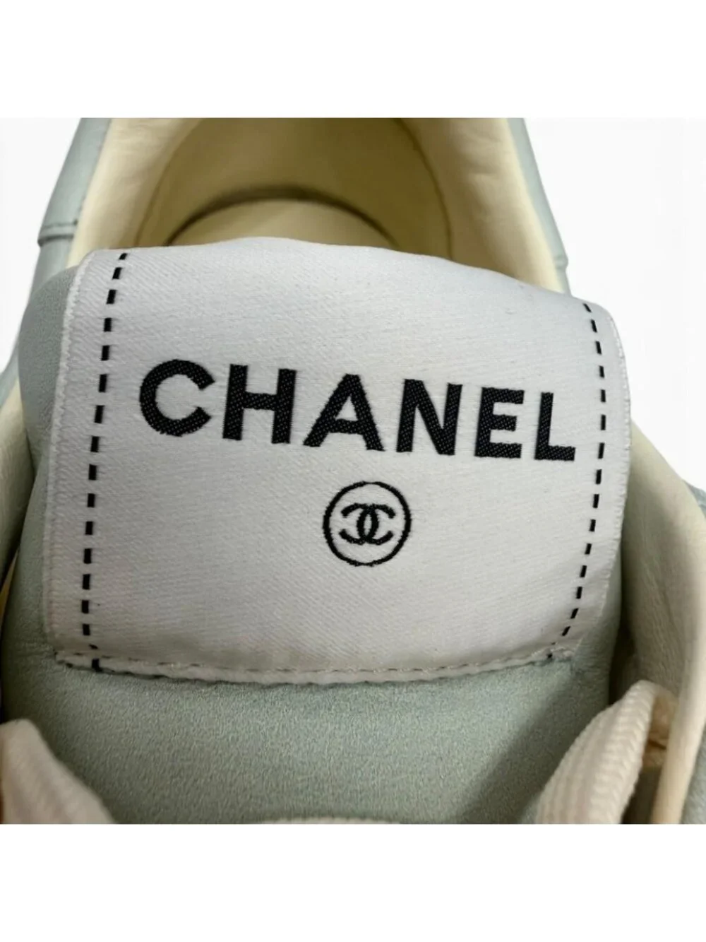 Chanel 24K Logo Lace Up Leather Low Cut Sneakers Mint Green